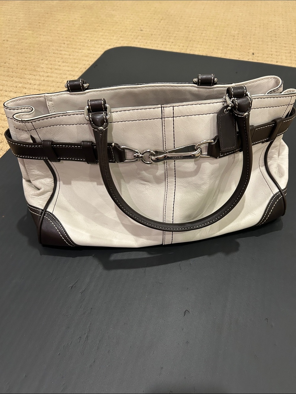 Coach White and Brown Leather Satchel with Horsebit Detail